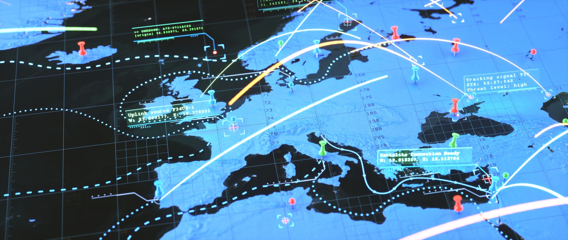 Relief battlefield map of Europe, with glowing ballistic missile trails, data infographic overlay and pinned locations.